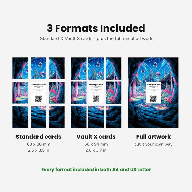 May include: A digital display showing 3 Formats Included: Standard cards at 63 x 88 mm, Vault X cards at 66 x 94 mm, and Full artwork. The image features a dark blue fantasy cave scene with pink plants. Every format is included in A4 and US Letter.