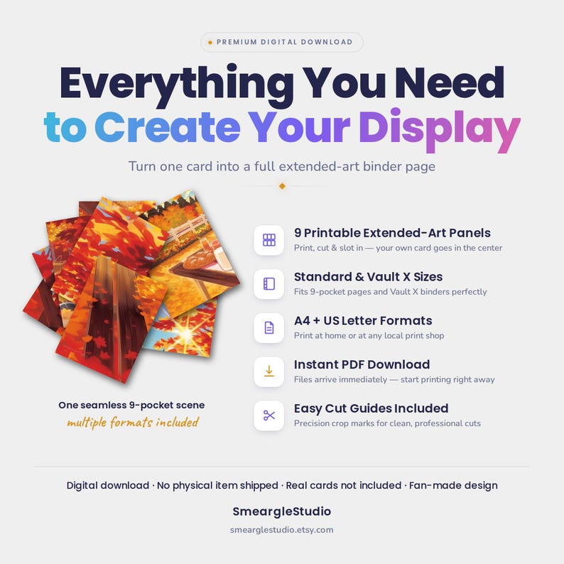 May include: A digital download product featuring 9 printable extended-art panels for a 9-pocket binder page. The design displays a seamless autumn landscape scene with orange and red foliage. Includes text: Everything You Need to Create Your Display.
