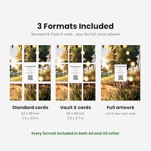 Op de afbeelding: Een digitale productweergave met 3 Formats Included: standaardkaarten van 63 x 88 mm, Vault X-kaarten van 66 x 94 mm en volledige illustraties. Elk gedeelte toont een landschapsafbeelding met een QR-code en de tekst SmeargleStudio.