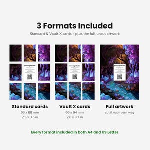 May include: A digital product display showing three formats: standard cards at 2.5 x 3.5 inches, Vault X cards at 2.6 x 3.7 inches, and full artwork. The image features a fantasy forest scene with purple crystals, a blue stream, and text.