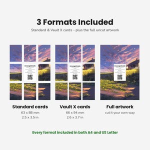 K&ouml;nnte beinhalten: Eine digitale Produktanzeige mit 3 Formats Included: Standard-Karten in 63 x 88 mm, Vault X-Karten in 66 x 94 mm und Full artwork. Das Bild zeigt eine Sonnenuntergangslandschaft mit einem Haus und gelben Blumen, verf&uuml;gbar in A4 und US Letter.