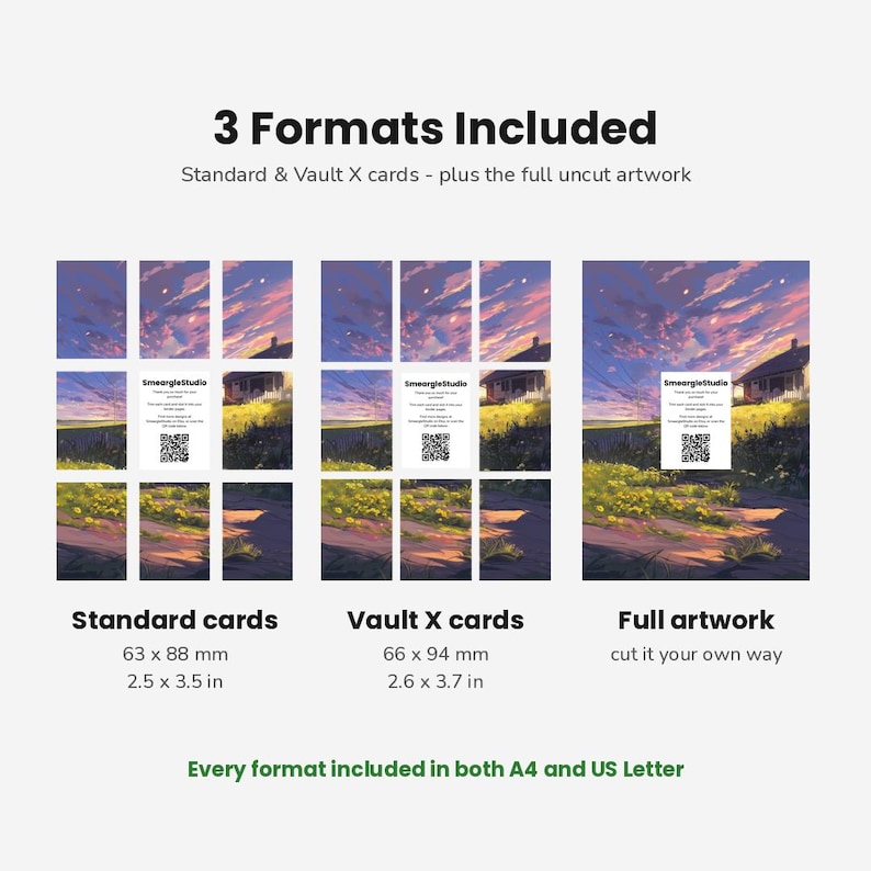K&ouml;nnte beinhalten: Eine digitale Produktanzeige mit 3 Formats Included: Standard-Karten in 63 x 88 mm, Vault X-Karten in 66 x 94 mm und Full artwork. Das Bild zeigt eine Sonnenuntergangslandschaft mit einem Haus und gelben Blumen, verf&uuml;gbar in A4 und US Letter.