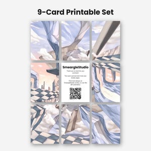 Puede incluir: Un set de 9 tarjetas imprimibles con un paisaje surrealista de patrones de cuadros azules y blancos, estructuras geom&eacute;tricas flotantes y nubes. La tarjeta central muestra el texto SmeargleStudio, instrucciones y un c&oacute;digo QR.