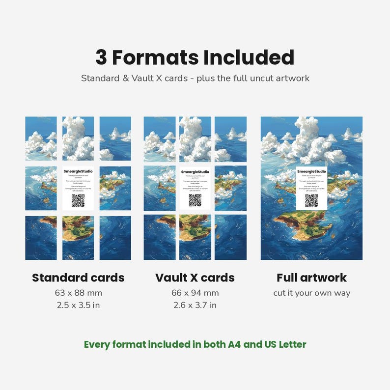 Pu&ograve; includere: Una visualizzazione di prodotto digitale che mostra 3 Formats Included: Standard cards (63 x 88 mm), Vault X cards (66 x 94 mm) e Full artwork. Ogni formato presenta un paesaggio di oceano blu e nuvole con una carta bianca centrale e un QR code.