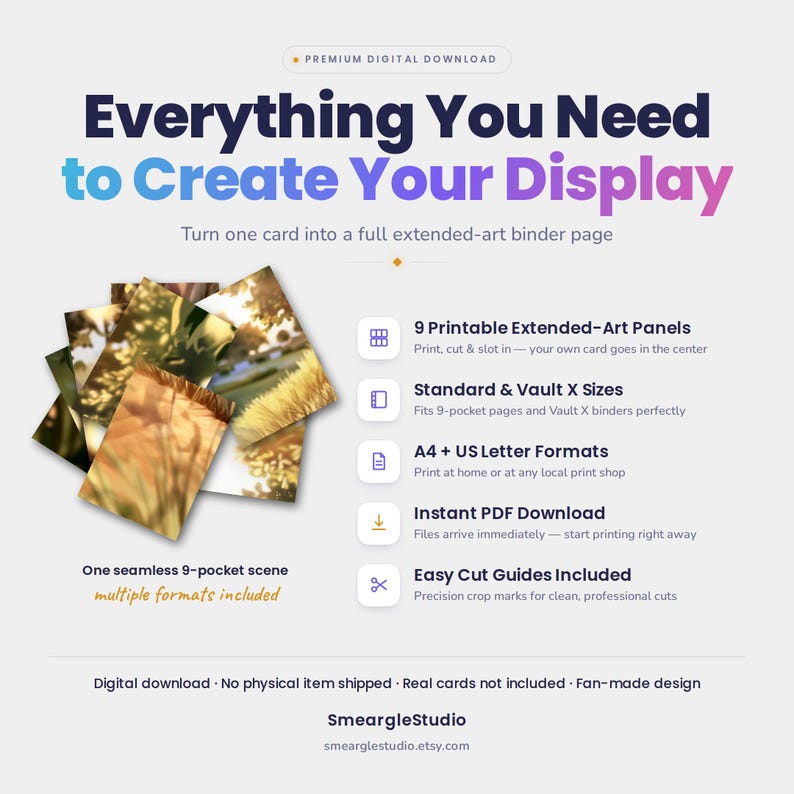 Op de afbeelding: Een digitale productweergave met de tekst Everything You Need to Create Your Display. Het bevat 9 printbare extended-art panelen voor mapbladen, compatibel met standaard en Vault X formaten, in A4 en US Letter formaten.