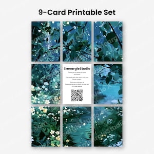 Puede incluir: Un conjunto de 9 tarjetas imprimibles con ilustraciones de bosques en azul y verde azulado oscuro, flores blancas y efectos de luz. La tarjeta central muestra el texto SmeargleStudio, instrucciones de agradecimiento y un c&oacute;digo QR.