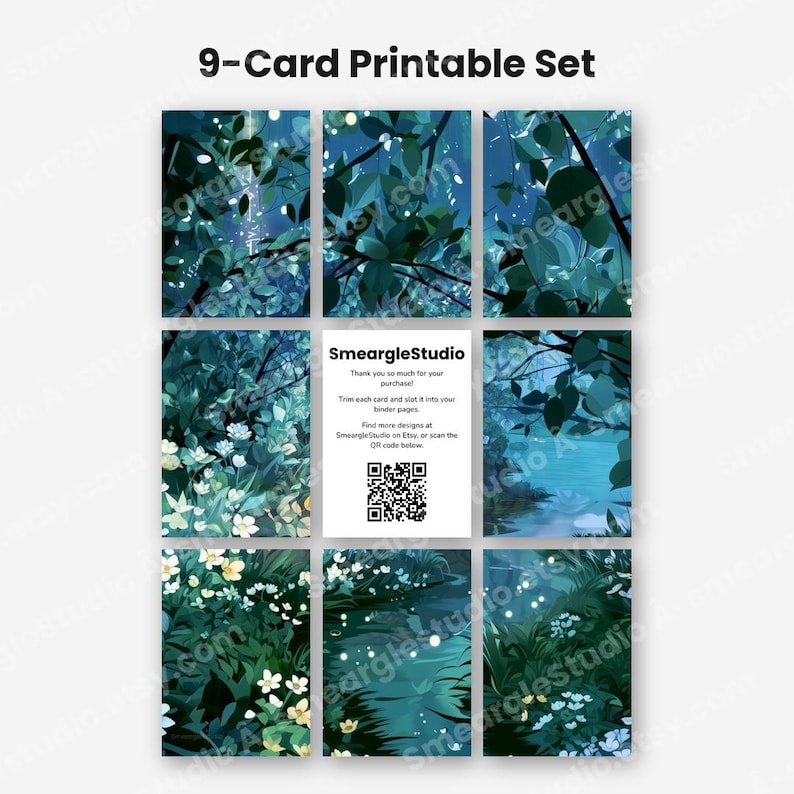 Puede incluir: Un conjunto de 9 tarjetas imprimibles con ilustraciones de bosques en azul y verde azulado oscuro, flores blancas y efectos de luz. La tarjeta central muestra el texto SmeargleStudio, instrucciones de agradecimiento y un c&oacute;digo QR.