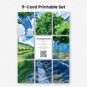 May include: A 9-card printable set featuring anime-style landscape illustrations of green hills, trees, and blue skies. The center card displays the text SmeargleStudio, instructions for trimming, and a QR code for further design access.