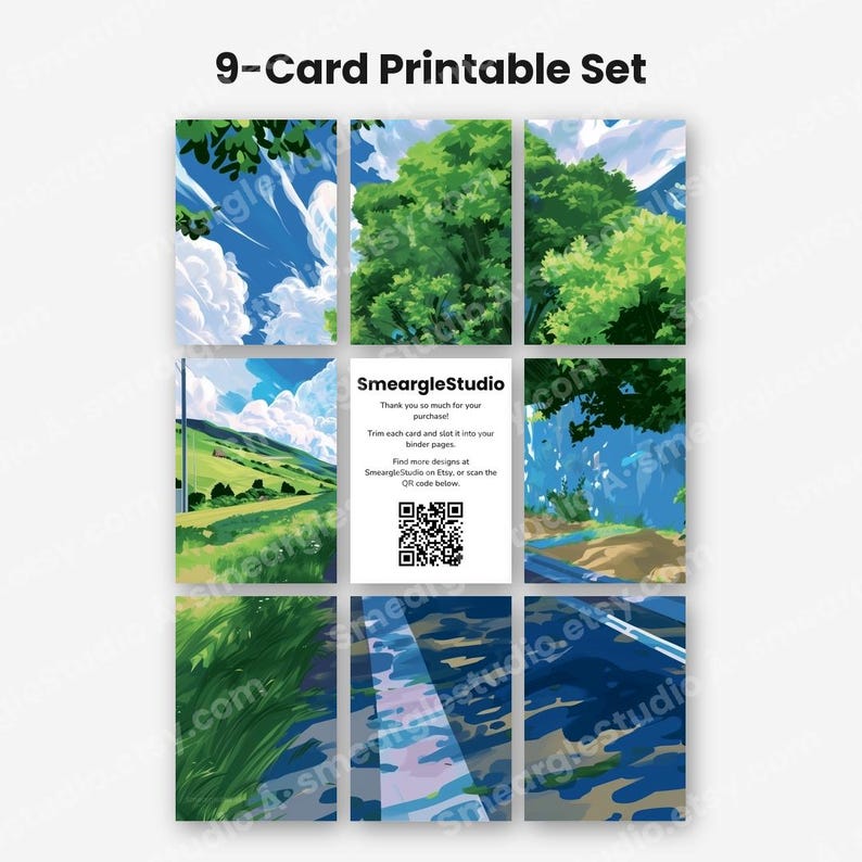 May include: A 9-card printable set featuring anime-style landscape illustrations of green hills, trees, and blue skies. The center card displays the text SmeargleStudio, instructions for trimming, and a QR code for further design access.