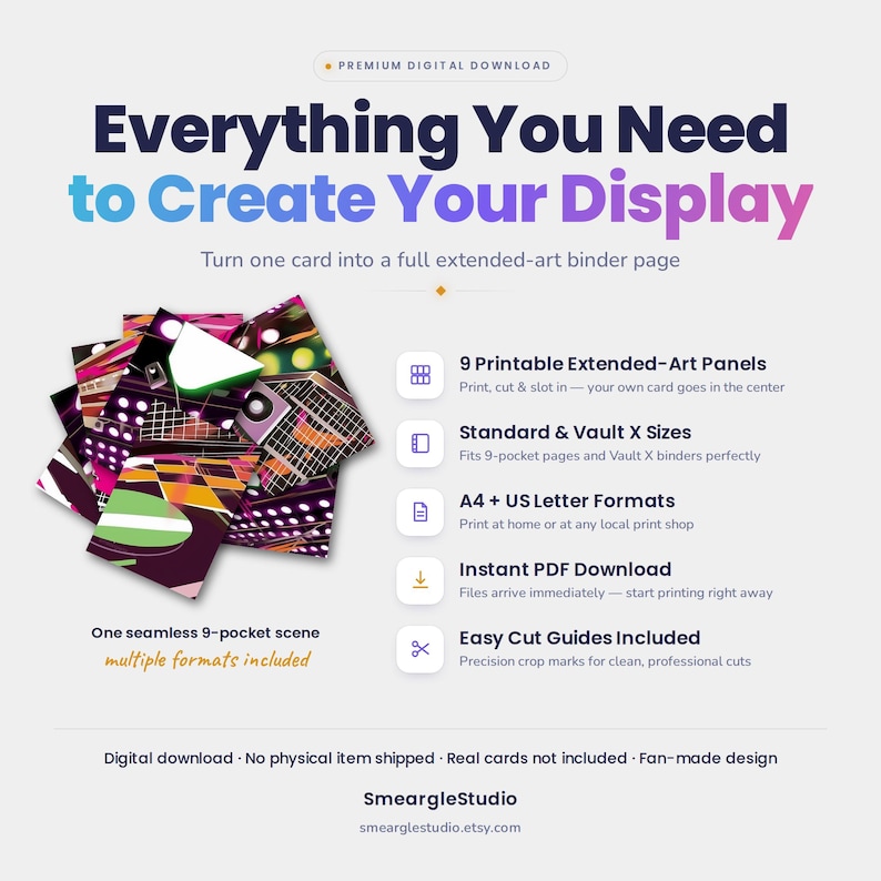May include: A digital download product featuring 9 printable extended-art panels for binder pages. The design displays a colorful, abstract graphic scene with geometric shapes and grid patterns. Includes text: Everything You Need to Create Your Display.