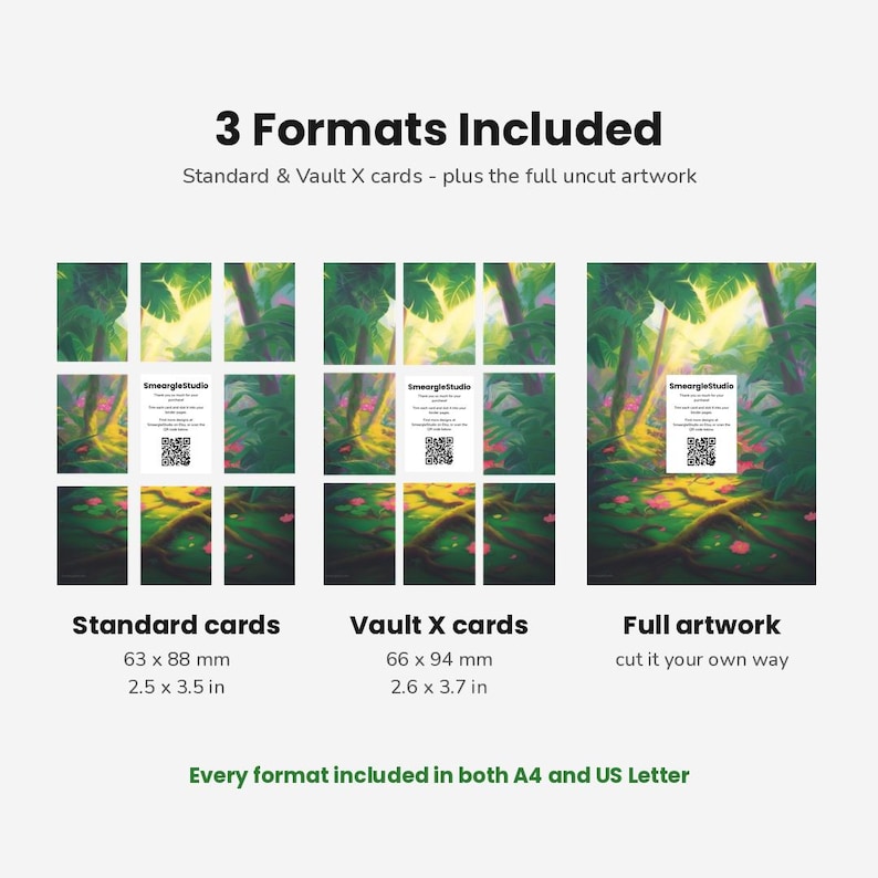 May include: A digital product display showing three formats of jungle-themed artwork: standard cards at 2.5 x 3.5 inches, Vault X cards at 2.6 x 3.7 inches, and full artwork. Text includes 3 Formats Included, Standard & Vault X cards, and SmeargleStudio.