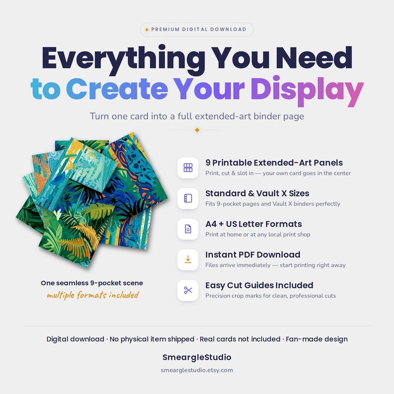 May include: A digital download product featuring 9 printable extended-art panels for trading card binders. The design displays a seamless tropical leaf pattern in blue, green, and orange. Text includes Everything You Need to Create Your Display.