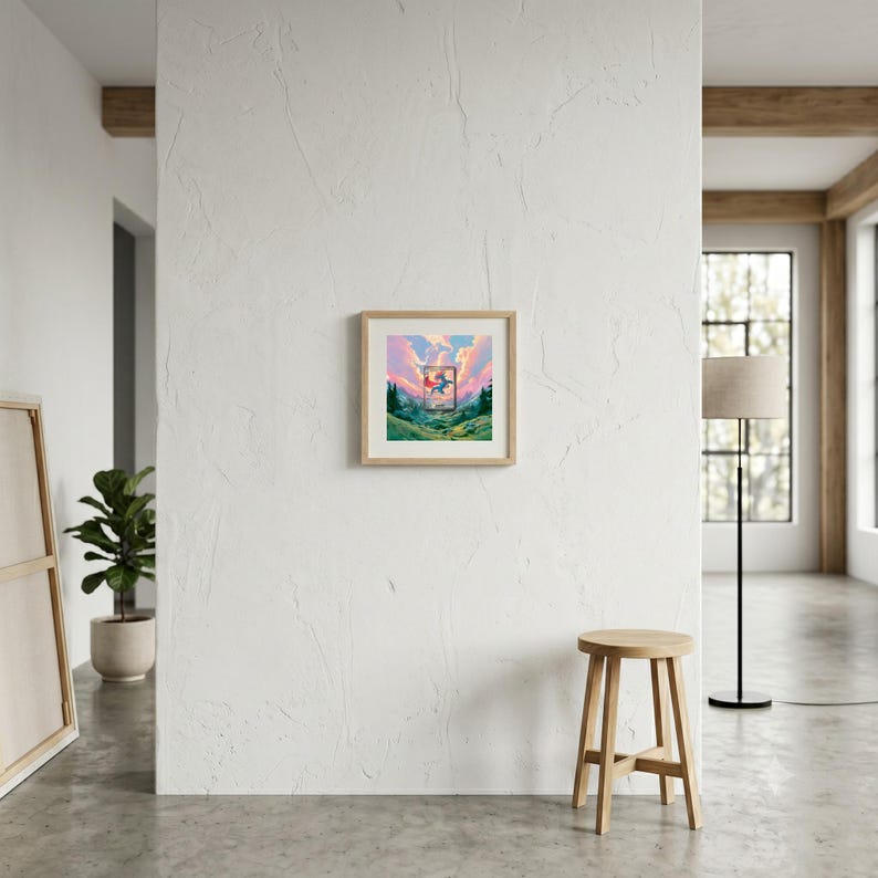 May include: A square framed art print featuring a vibrant landscape illustration of a mountain range under a pink and blue sunset sky, displayed in a light wood frame centered on a white textured wall above a wooden stool.