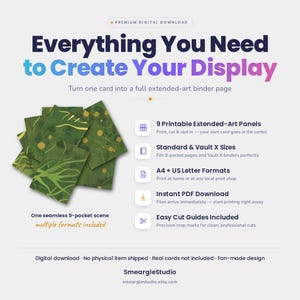 May include: A digital download product listing titled Everything You Need to Create Your Display. It features green, nature-themed card art panels for a 9-pocket binder page. Includes text about printable panels, A4 and US Letter formats, and cut guides.
