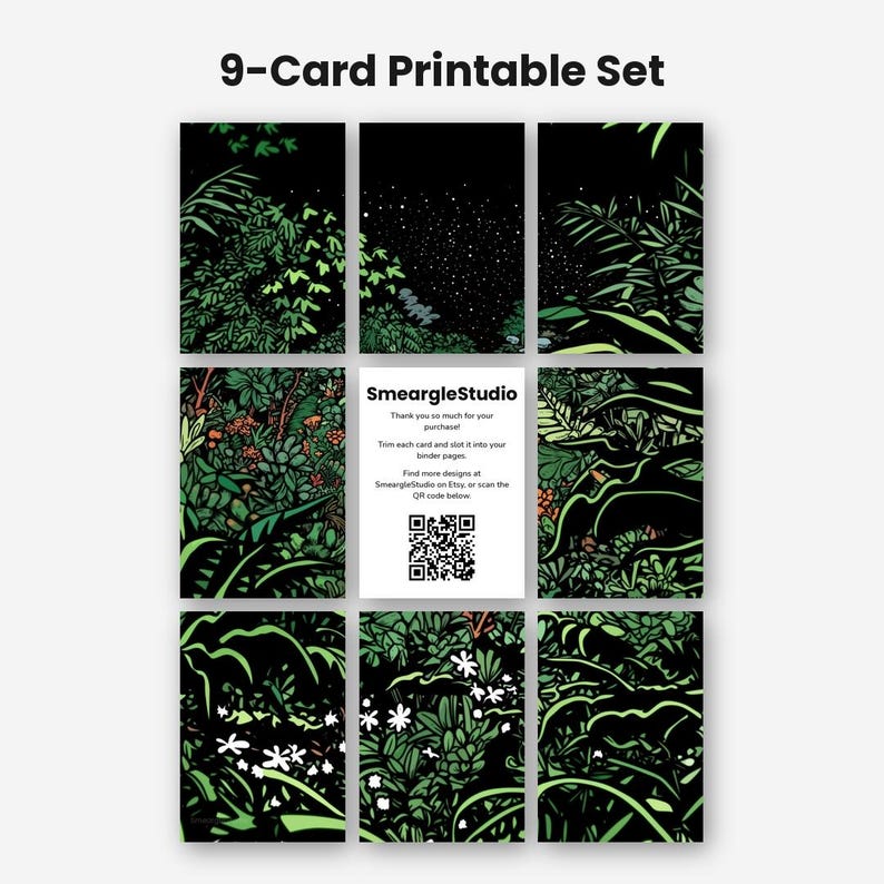 Pu&ograve; includere: Un set di 9 carte stampabili con scene botaniche illustrate scure, sfondi neri e fogliame verde. La carta centrale mostra il testo SmeargleStudio, istruzioni per il ritaglio e un codice QR per accedere a ulteriori design.
