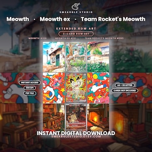 Könnte beinhalten: Ein 3-Karten-Set mit erweiterter Kunst von Meowth, Meowth ex und Team Rocket's Meowth. Der digitale Download enthält Textbeschriftungen für Meowth #106, Meowth ex #121 und Team Rocket's Meowth #203, verfügbar in A4 und US Letter Formaten.