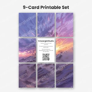 May include: A 9-card printable set featuring a landscape illustration with purple, pink, and orange sunset hues over mountains. The center card displays the text SmeargleStudio, thank you instructions, and a QR code for further designs.