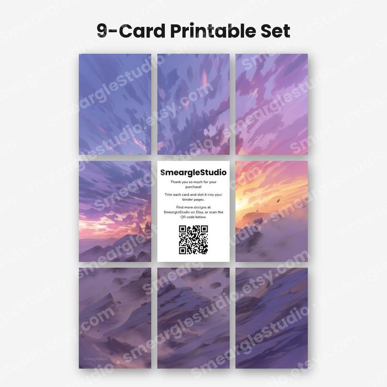 May include: A 9-card printable set featuring a landscape illustration with purple, pink, and orange sunset hues over mountains. The center card displays the text SmeargleStudio, thank you instructions, and a QR code for further designs.