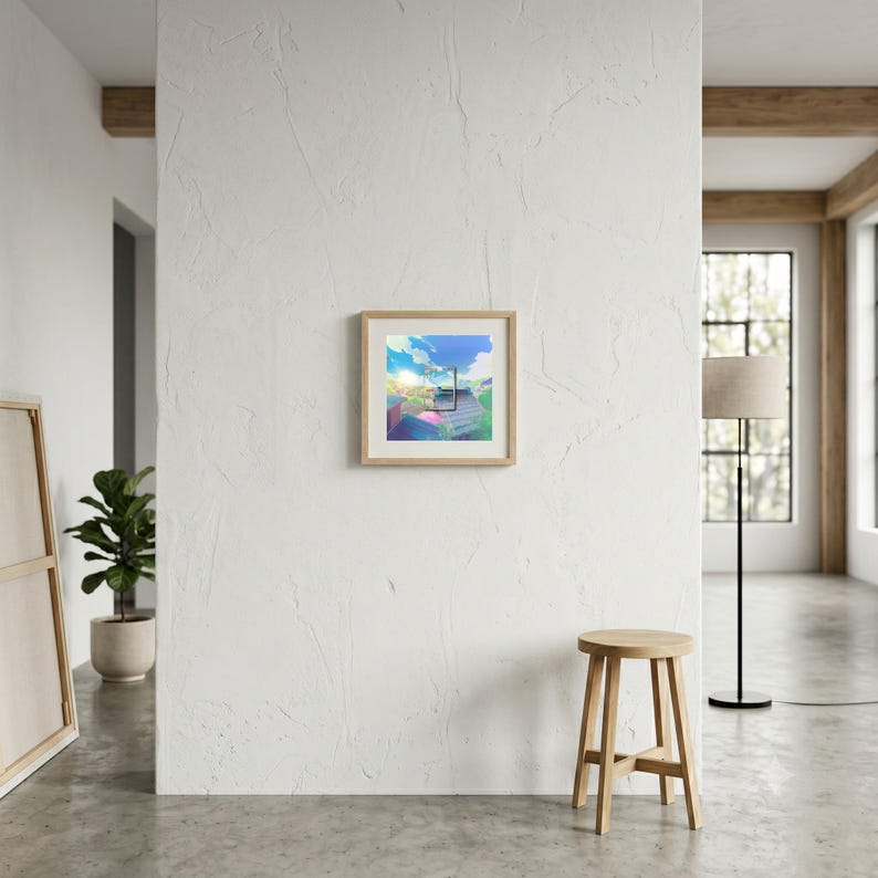 May include: A square framed art print featuring a vibrant anime-style landscape illustration. The artwork depicts a bright blue sky with fluffy white clouds, a sunlit horizon, and colorful rooftops in shades of green, pink, and blue.