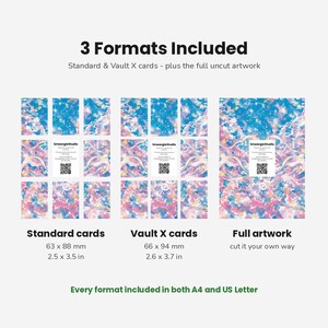 May include: A digital product display showing 3 Formats Included: Standard cards at 2.5 x 3.5 inches, Vault X cards at 2.6 x 3.7 inches, and full artwork. The design features a blue, pink, and white abstract pattern with a central SmeargleStudio card.