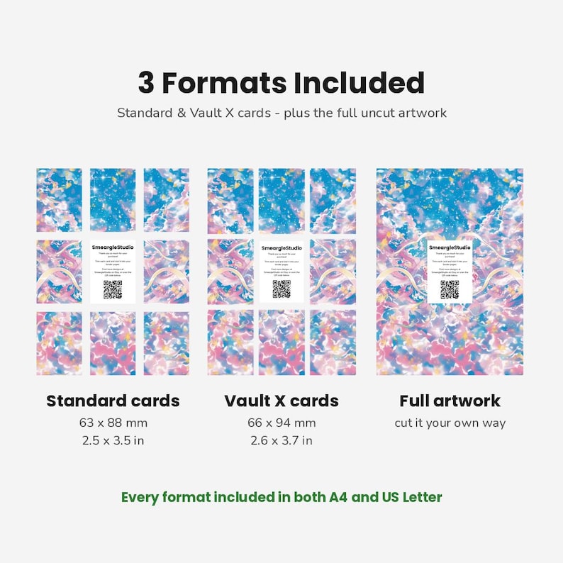 May include: A digital product display showing 3 Formats Included: Standard cards at 2.5 x 3.5 inches, Vault X cards at 2.6 x 3.7 inches, and full artwork. The design features a blue, pink, and white abstract pattern with a central SmeargleStudio card.