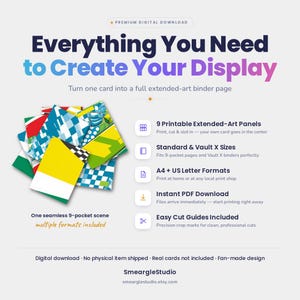 May include: A digital download for 9 printable extended-art panels to create a seamless 9-pocket binder page display. Includes A4 and US Letter formats, cut guides, and compatibility with standard and Vault X binders for trading card collections.