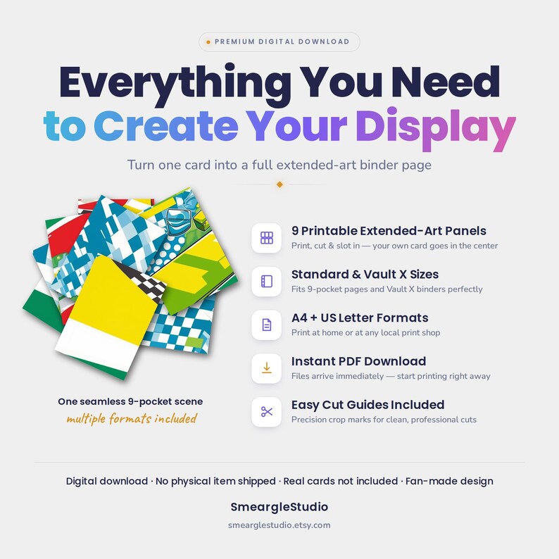 May include: A digital download for 9 printable extended-art panels to create a seamless 9-pocket binder page display. Includes A4 and US Letter formats, cut guides, and compatibility with standard and Vault X binders for trading card collections.