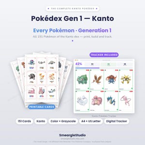 Gen 1 Kanto Pokedex Printable Binder Cards | All 151 Pokemon | Color and Grayscale | Tracker Included | Digital Download