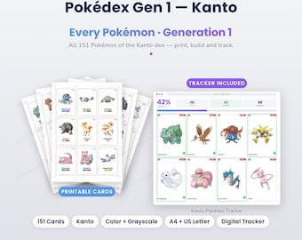 Pokédex di Kanto di prima generazione, schede stampabili per raccoglitore / Tutti i 151 Pokémon / A colori e in scala di grigi / Tracker incluso / Download digitale