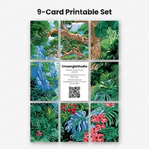 Pode incluir: Um conjunto de 9 cart&otilde;es imprim&iacute;veis com tema de selva, apresentando folhagem verde, galhos de &aacute;rvores e flores vermelhas. O cart&atilde;o central exibe o texto SmeargleStudio, instru&ccedil;&otilde;es de corte e um c&oacute;digo QR para explorar mais designs.