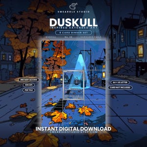 以下が含まれることがあります： Duskullにインスパイアされた拡張アートの9枚カードバインダーセットのデジタルダウンロード。夜の街並みにオレンジ色の落ち葉、青い街灯、家々が描かれています。テキスト：SMEARGLE STUDIO, DUSKULL, SHROUDED FABLE, INSTANT ACCESS, 300 DPI, PDF FILE, A4 + US LETTER, CARD NOT INCLUDED。