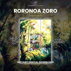 Może przedstawiać: Zestaw 9 kart do segregatora w formie cyfrowej z grafiką Roronoa Zoro. Obraz przedstawia siatkę dziewięciu paneli ukazujących jasny, słoneczny las z unoszącymi się bańkami oraz tekst RORONOA ZORO, SMEARGLE STUDIO i napis SAMPLE.