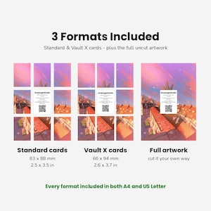 K&ouml;nnte beinhalten: Eine digitale Produktanzeige mit 3 Formats Included: Standardkarten in 63 x 88 mm, Vault X-Karten in 66 x 94 mm und vollst&auml;ndiges Artwork. Jeder Bereich zeigt ein rosa-orangefarbenes Stadtbild bei Sonnenuntergang mit einer SmeargleStudio QR-Code-Karte.