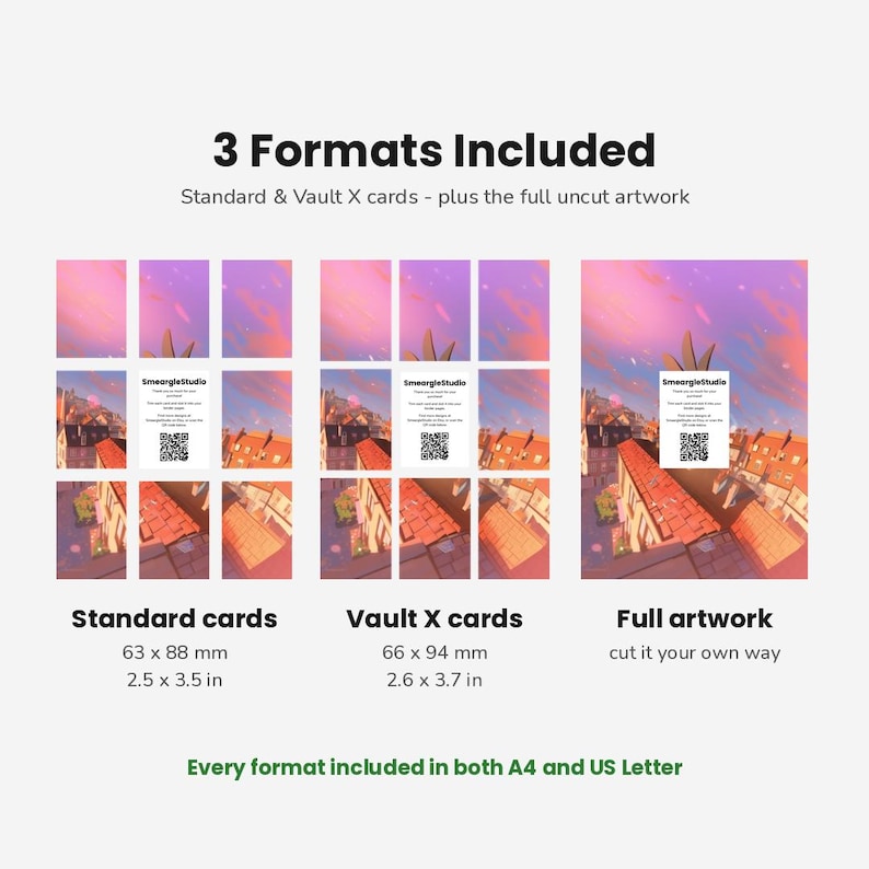 K&ouml;nnte beinhalten: Eine digitale Produktanzeige mit 3 Formats Included: Standardkarten in 63 x 88 mm, Vault X-Karten in 66 x 94 mm und vollst&auml;ndiges Artwork. Jeder Bereich zeigt ein rosa-orangefarbenes Stadtbild bei Sonnenuntergang mit einer SmeargleStudio QR-Code-Karte.