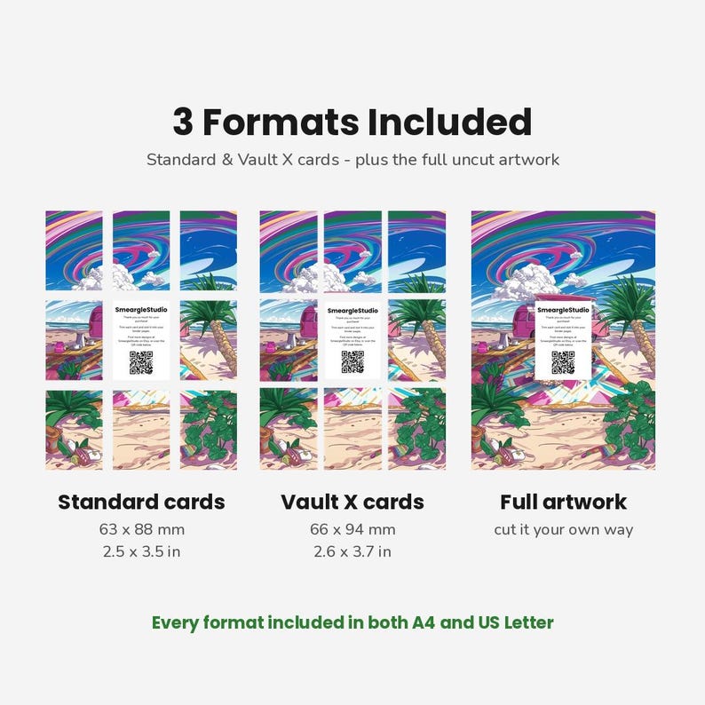 Puede incluir: Una impresi&oacute;n de arte digital con una escena de playa, una palmera, una furgoneta rosa y un cielo colorido y arremolinado. La imagen muestra tres formatos: tarjetas est&aacute;ndar de 63 x 88 mm, tarjetas Vault X de 66 x 94 mm y una l&aacute;mina de arte completa.