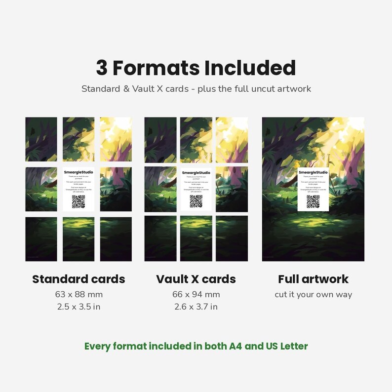 May include: A digital product display showing 3 Formats Included: Standard cards at 2.5 x 3.5 inches, Vault X cards at 2.6 x 3.7 inches, and full artwork. Each section features a forest illustration with a SmeargleStudio card and QR code.