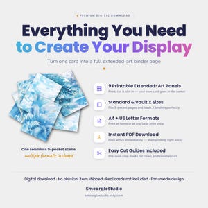 May include: A digital download product featuring 9 printable extended-art panels for a 9-pocket binder page. The design displays a blue tropical palm leaf scene. Text includes Everything You Need to Create Your Display and Easy Cut Guides Included.