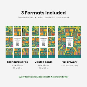 May include: A digital product display showing 3 Formats Included: Standard cards at 2.5 x 3.5 inches, Vault X cards at 2.6 x 3.7 inches, and full artwork. The graphic features a colorful, abstract pattern with yellow lightning bolts and a central white card with the text SmeargleStudio and a QR code.