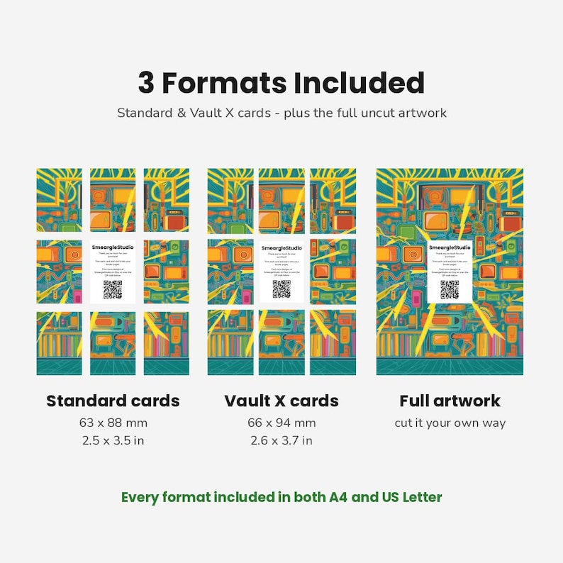 May include: A digital product display showing 3 Formats Included: Standard cards at 2.5 x 3.5 inches, Vault X cards at 2.6 x 3.7 inches, and full artwork. The graphic features a colorful, abstract pattern with yellow lightning bolts and a central white card with the text SmeargleStudio and a QR code.