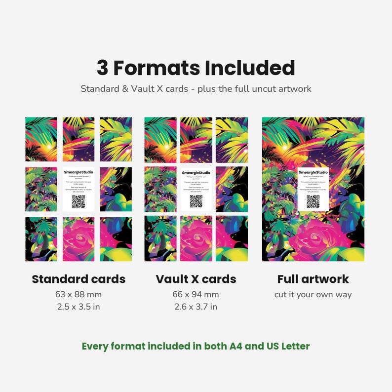 以下が含まれることがあります： 3 Formats Includedと記載されたデジタル製品表示。63 x 88 mmの標準カード、66 x 94 mmのVault Xカード、およびカットされていないフルアートワークが示されています。各セクションには、鮮やかな熱帯の植物と花の模様、QRコードが含まれています。