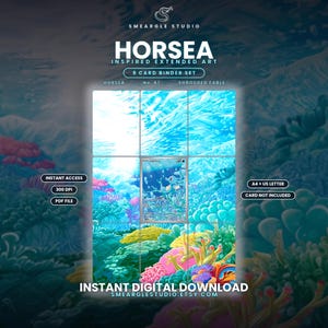 May include: A digital 9-card binder set featuring Horsea inspired extended art. The design displays a vibrant underwater coral reef scene with blue water, colorful coral, and a central Horsea card. Text includes SMEARGLE STUDIO, HORSEA, 9 CARD BINDER SET, INSTANT ACCESS, 300 DPI, PDF FILE, A4 + US LETTER, CARD NOT INCLUDED, and INSTANT DIGITAL DOWNLOAD.