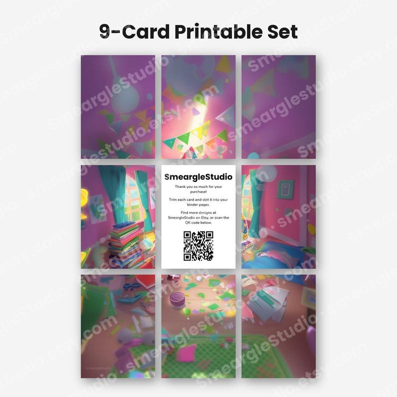 Pode incluir: Um conjunto de 9 cart&otilde;es imprim&iacute;veis com uma grade de cenas de quartos ilustradas em tons de rosa, azul e verde. O cart&atilde;o central exibe o texto SmeargleStudio, instru&ccedil;&otilde;es para recorte e um c&oacute;digo QR em preto e branco para digitalizar.