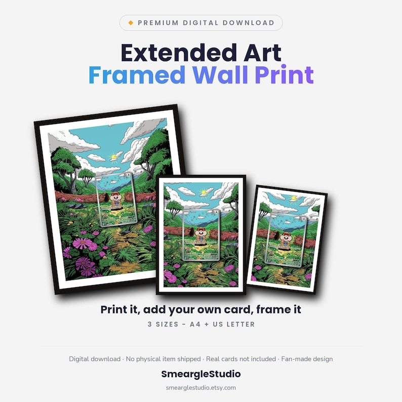 May include: Three framed wall prints in varying sizes featuring a cartoon character in a forest landscape with purple flowers, green trees, and a blue sky. Text includes Premium Digital Download, Extended Art Framed Wall Print, Print it, add your own card, frame it, 3 SIZES - A4 + US LETTER, Digital download, No physical item shipped, Real cards not included, Fan-made design, SmeargleStudio, smearglestudio.etsy.com.