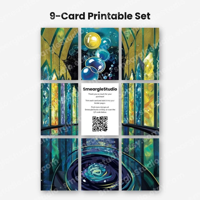 May include: A 9-card printable set featuring abstract designs with blue, gold, and teal tones. The center card displays the text SmeargleStudio, instructions for trimming, and a QR code. The surrounding cards show geometric patterns, spheres, and swirling liquid motifs.