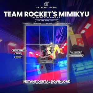 K&ouml;nnte beinhalten: Ein 9-Karten-Binder-Set mit dem Titel Team Rocket's Mimikyu Inspired Extended Art. Die Grafik zeigt eine zentrale Mimikyu-Illustration, blaues und rotes Licht sowie Kisten mit dem Buchstaben R. Enth&auml;lt Text: Instant Access, 300 DPI, PDF File, A4 + US Letter, Card Not Included, Instant Digital Download, SmeargleStudio.Etsy.Com.