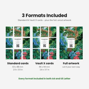Pode incluir: Uma exibi&ccedil;&atilde;o de produto digital mostrando 3 Formats Included: cart&otilde;es padr&atilde;o de 63 x 88 mm, cart&otilde;es Vault X de 66 x 94 mm e arte completa sem cortes. A imagem apresenta uma selva exuberante com &aacute;rvores, folhagens e um c&oacute;digo QR.