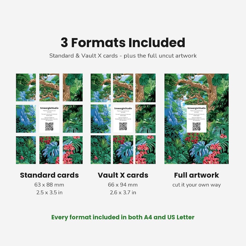Pode incluir: Uma exibi&ccedil;&atilde;o de produto digital mostrando 3 Formats Included: cart&otilde;es padr&atilde;o de 63 x 88 mm, cart&otilde;es Vault X de 66 x 94 mm e arte completa sem cortes. A imagem apresenta uma selva exuberante com &aacute;rvores, folhagens e um c&oacute;digo QR.
