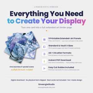 May include: A digital download product featuring 9 printable extended-art panels for a 9-pocket binder page. The design displays a blue and white abstract scene. Text includes Everything You Need to Create Your Display and SmeargleStudio.