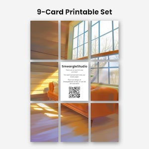 May include: A 9-card printable set featuring a digital illustration of a sunlit room with an orange sofa and a window. The center card displays the text SmeargleStudio, thank you instructions, and a QR code for further design exploration.