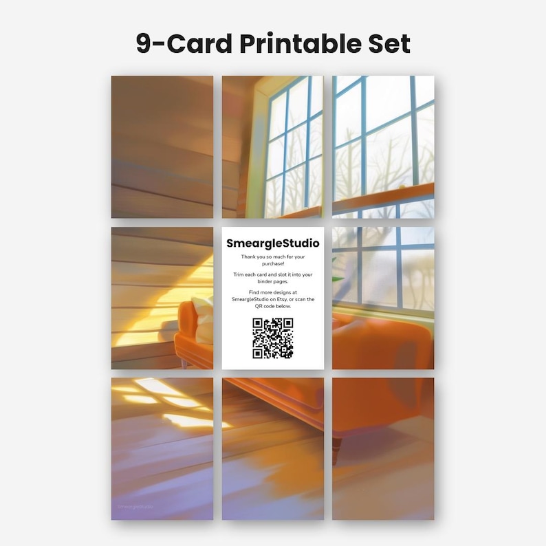May include: A 9-card printable set featuring a digital illustration of a sunlit room with an orange sofa and a window. The center card displays the text SmeargleStudio, thank you instructions, and a QR code for further design exploration.